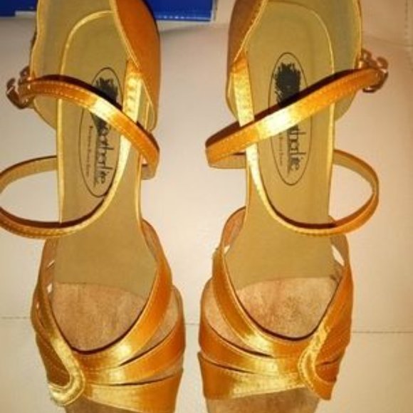 Gold and Tan Dance Heels with Strap and Pointed Toe - Picture 7 of 11